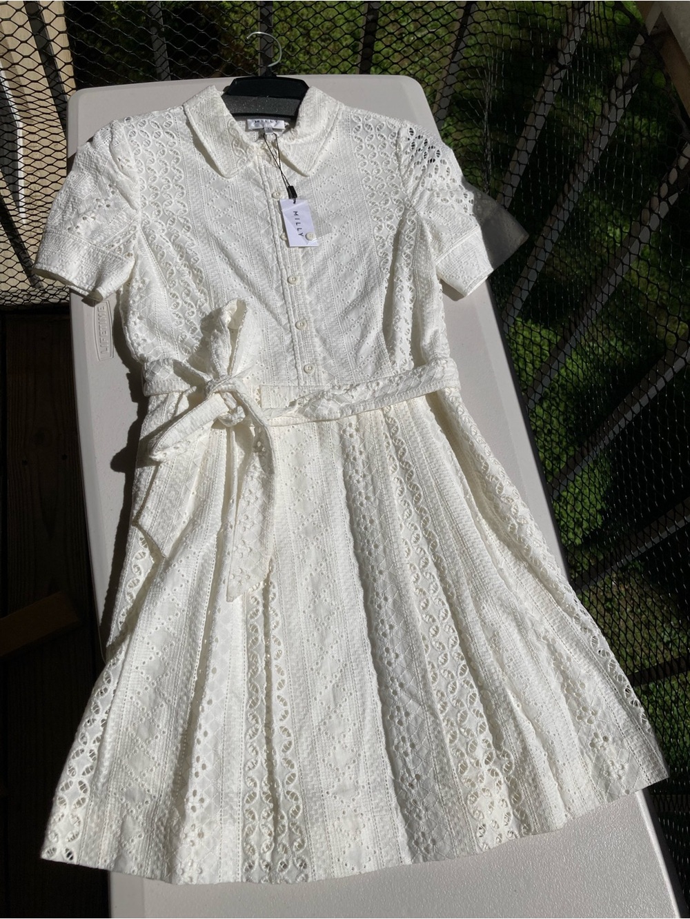 Milly Linear 100% Cotton Eyelet Cleo Shirt Dress White Short Sleeve Dress NWT
